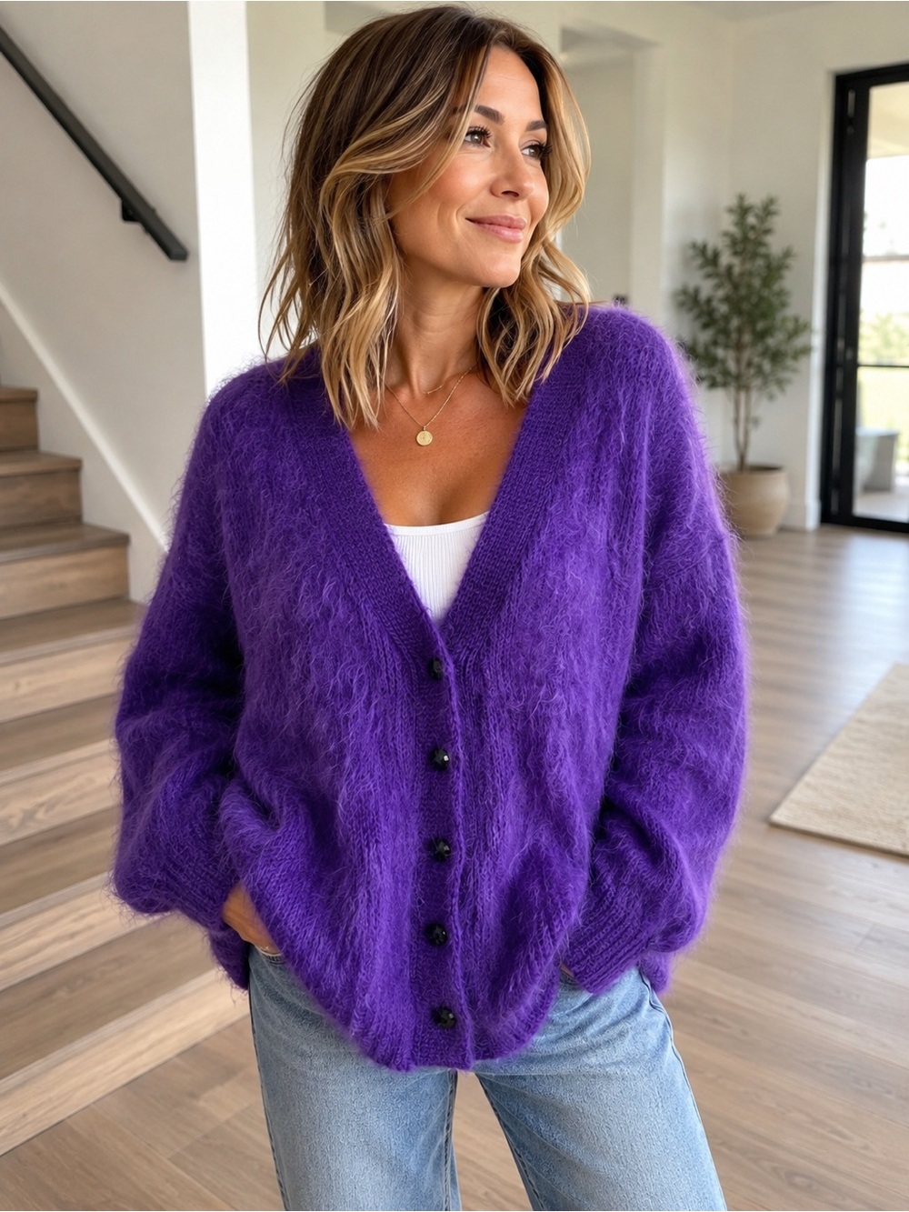 Stunning hand Loomed oversized Mohair cardigan sweater. England. Size L XL